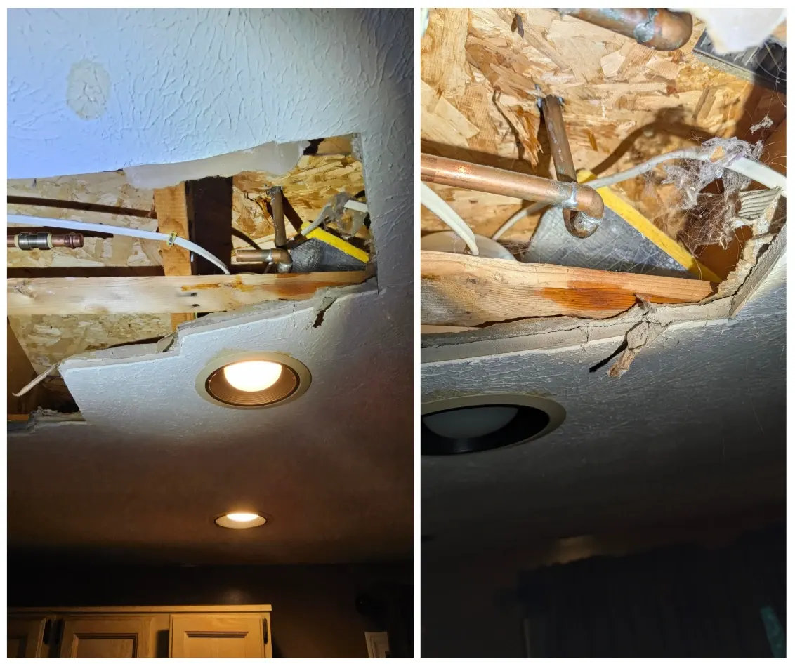 The photo shows the before condition, with an opened ceiling exposing the plumbing lines and surrounding framing where a hot-water copper line leak was being investigated.