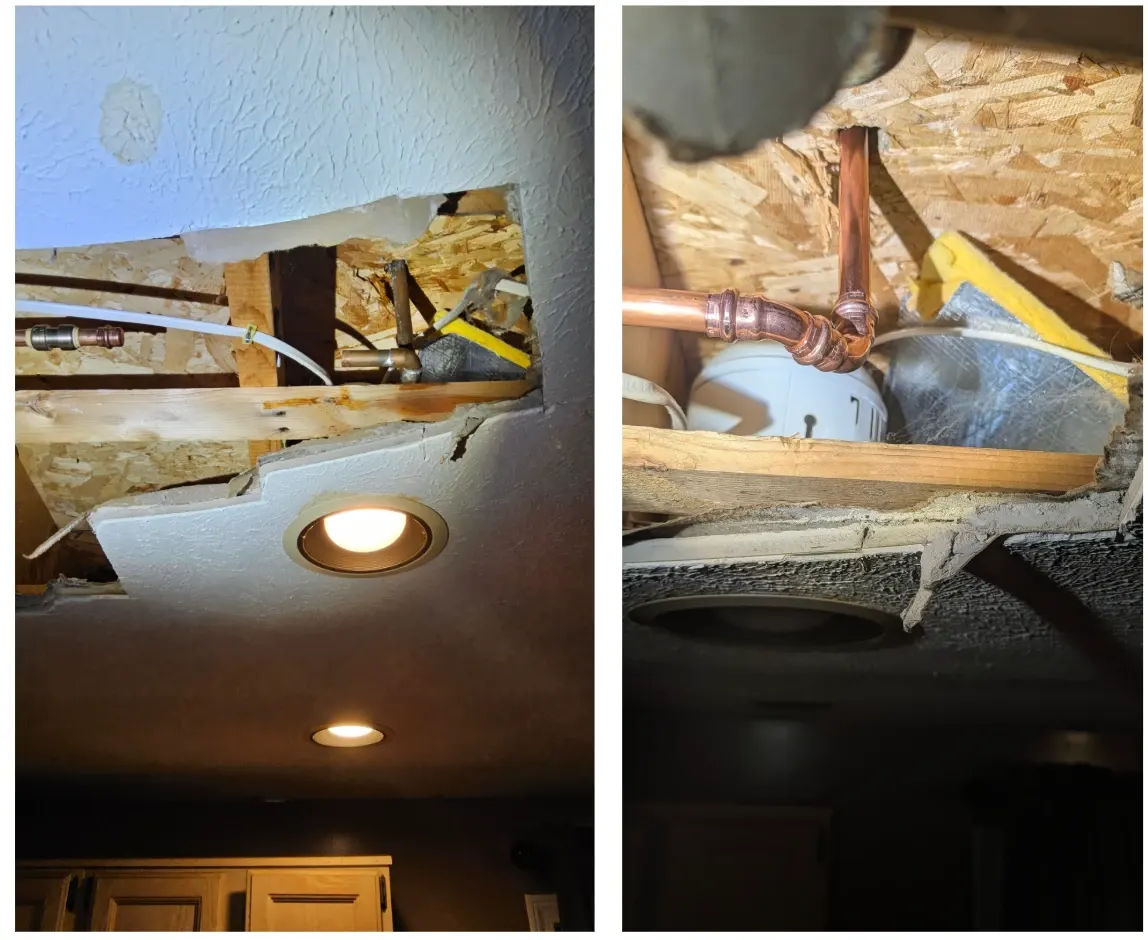The after photo shows the repaired copper piping secured within the opened ceiling area, with the leak source addressed and the plumbing connection restored.