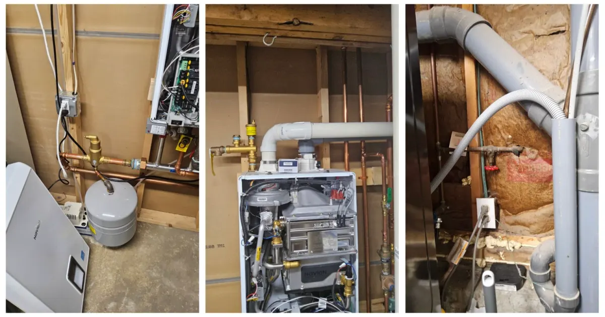 Navien combi boiler installed in a Westford home, showing the unit’s internal components, copper piping, expansion tank, and connected plumbing.