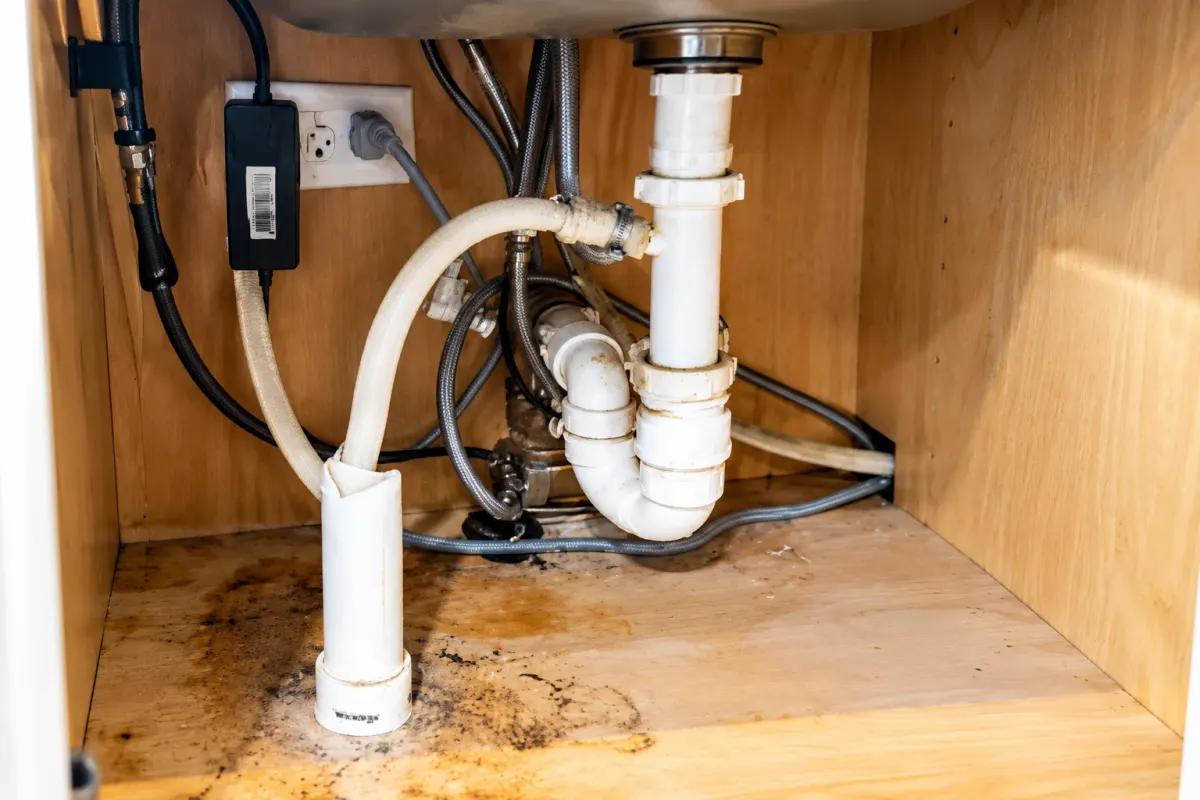 Leaking kitchen faucet and plumbing connections beneath a sink in a Westford home.