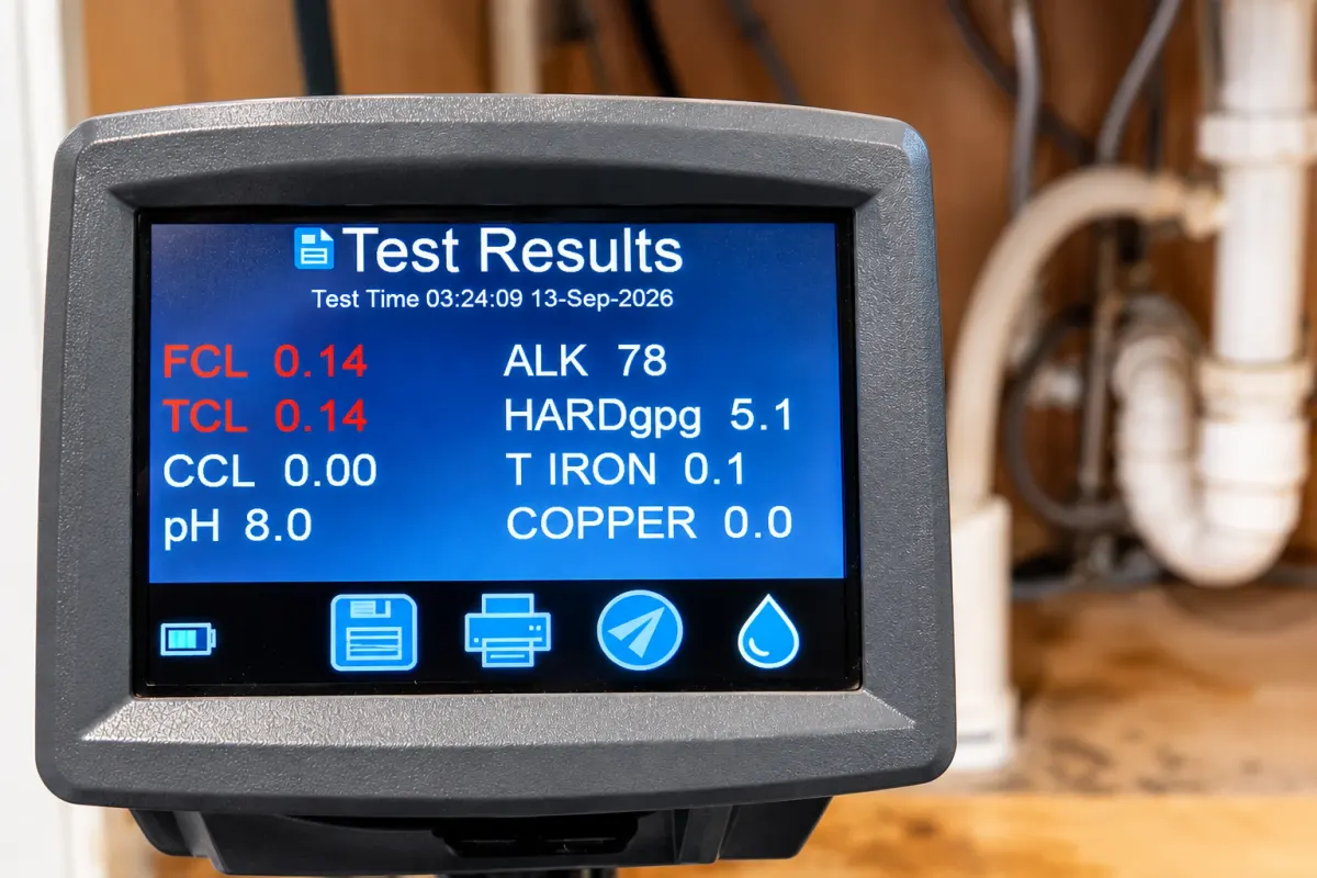 Close-up of water test results showing 5.1 grains per gallon hardness and other measured water conditions.