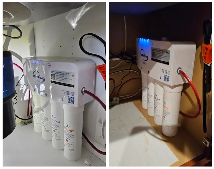 Close-up of water filtration equipment with filter housings and connected tubing during a water treatment system maintenance visit.