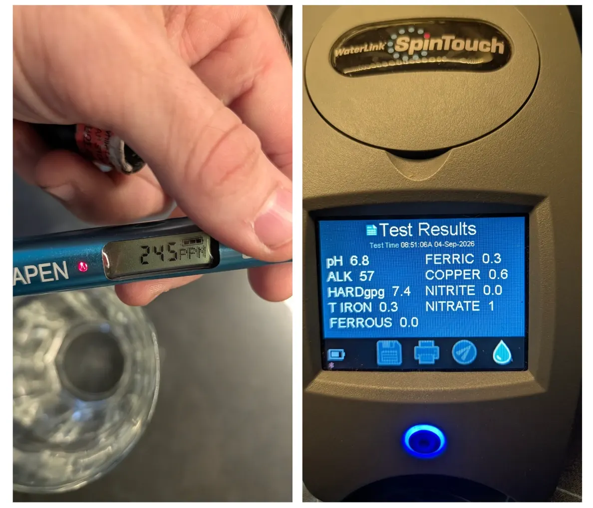 245 ppm and 7.4 hardgpg (grains per gallon) both measure water hardness, which is the concentration of dissolved minerals (mostly calcium and magnesium) in the water.