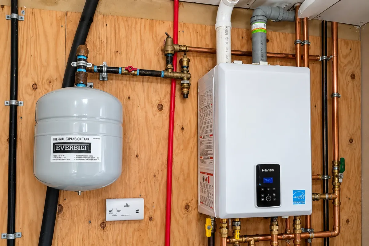 This photo shows a hydronic boiler system’s expansion tank and connected piping.