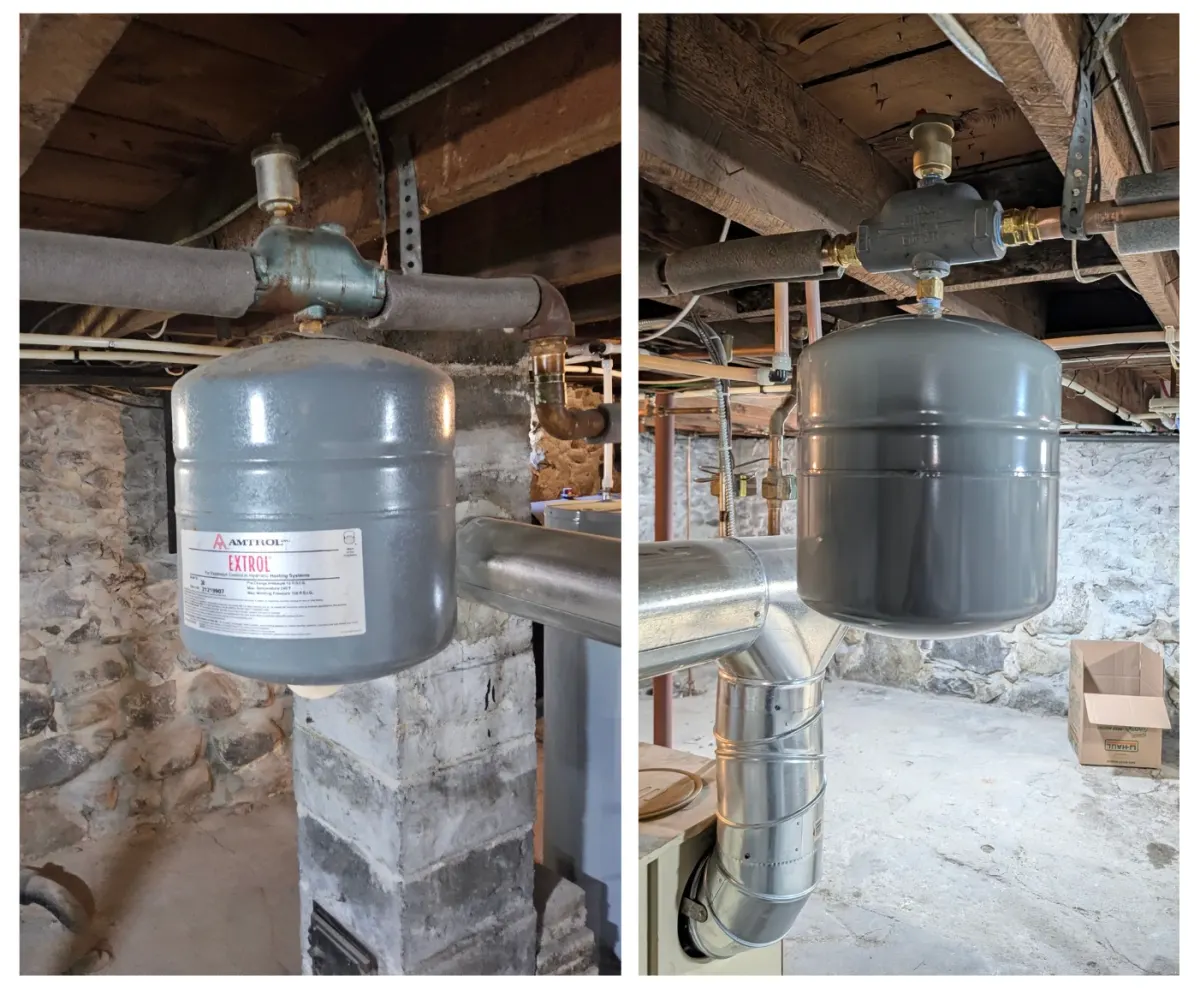 Before-and-after comparison of a hydronic heating system expansion tank, showing the old tank on the left and the newly installed gray replacement tank on the right.