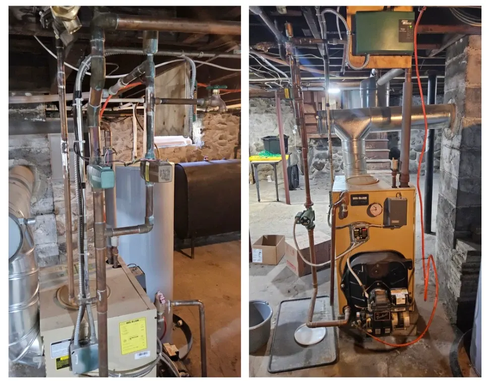 Older oil-fired boiler in a basement utility area, highlighting an aging heating system that may need maintenance or replacement before winter.