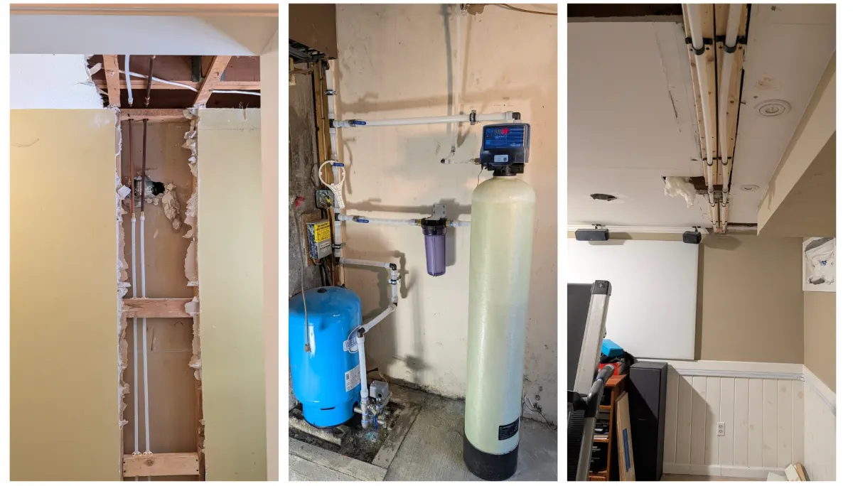 PEX water line installation, with new PEX piping routed through the wall framing and connected to the water treatment system with clean, secured runs for reliable water flow.