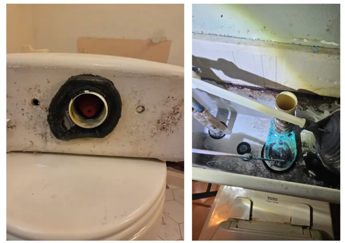 Toilet with the flange and surrounding connection exposed, revealing the deteriorated plumbing components and cracked cast-iron fitting beneath the fixture.