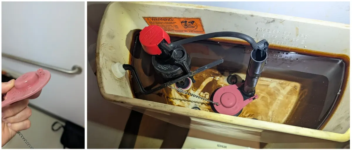 The photo shows a worn toilet tank with a faulty flush valve and fill components being inspected and repaired.