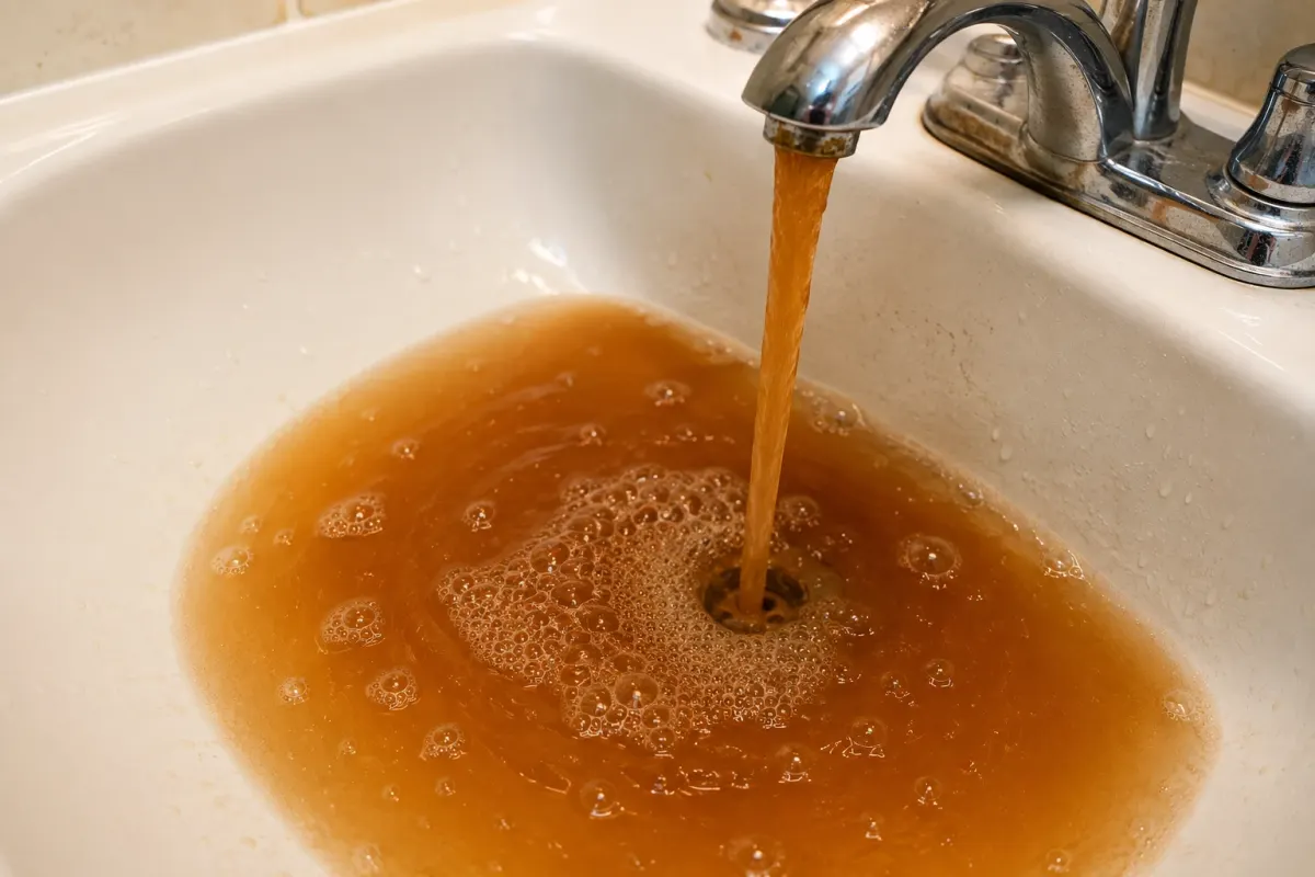 This photo shows water coming directly from a bathroom faucet with a noticeably brown, rust-colored appearance.