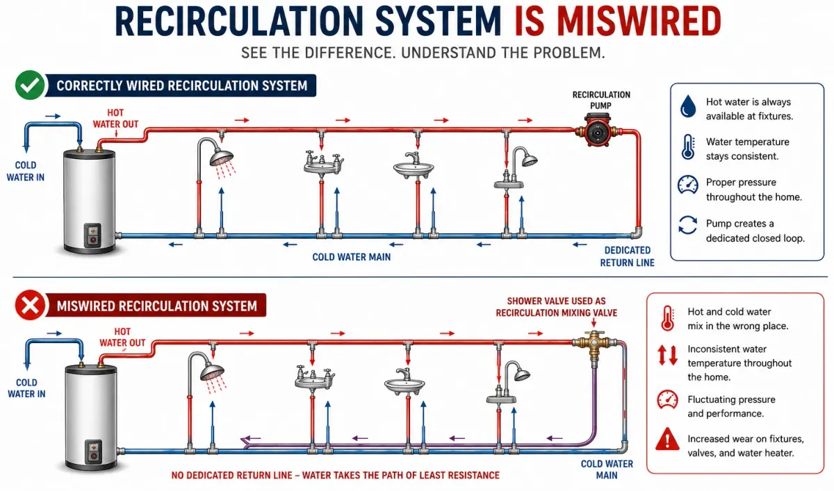 A miswired recirculation system can cause inconsistent hot-and-cold water, fluctuating pressure, longer wait times, and unnecessary strain on your plumbing system.